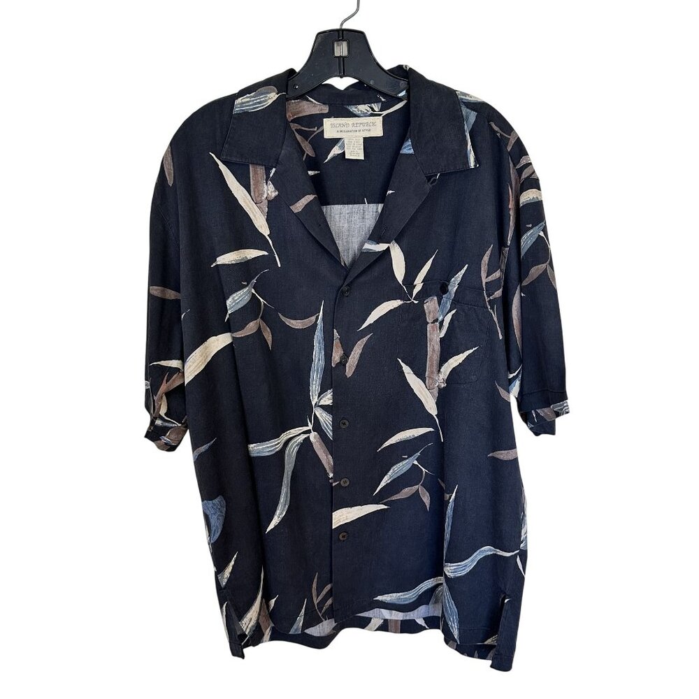 Island Republic Mens Hawaiian Shirt 100% Silk Bamboo Print Large Black Resort